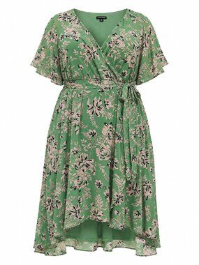 Torrid Green Pink Floral Faux Wrap High Low Midi Dress Size 5